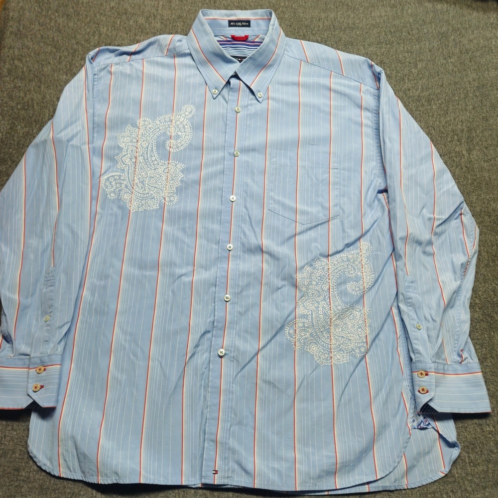 Tommy Hilfiger Button Down Shirt Mens XL Blue Striped Paisley Embroidered Cotton - Picture 2 of 10